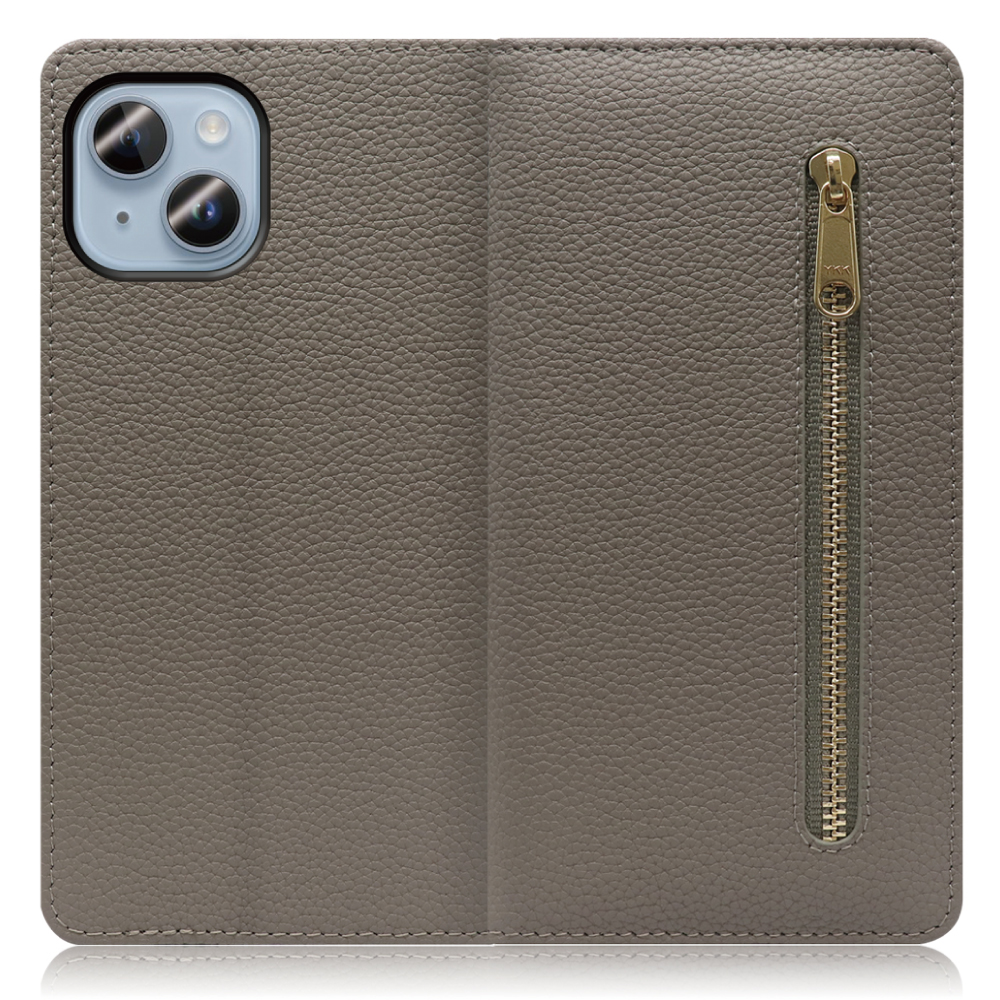 LOOF Pocket Series iPhone 14 用[グレージュ] 厳選本革 カード収納付き ベルト無し ファスナー ポケット付き 手帳型ケース