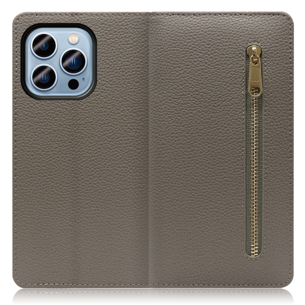 LOOF Pocket Series iPhone 14 Pro Max 用[グレージュ] 厳選本革 カード収納付き ベルト無し ファスナー ポケット付き 手帳型ケース