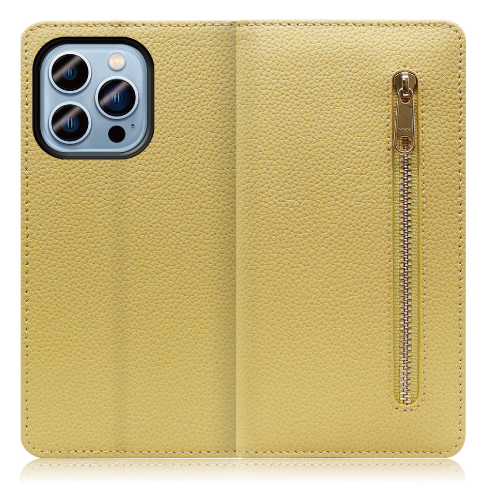 LOOF Pocket Series iPhone 14 Pro 用[ジャスミンイエロー] 厳選本革 カード収納付き ベルト無し ファスナー ポケット付き 手帳型ケース