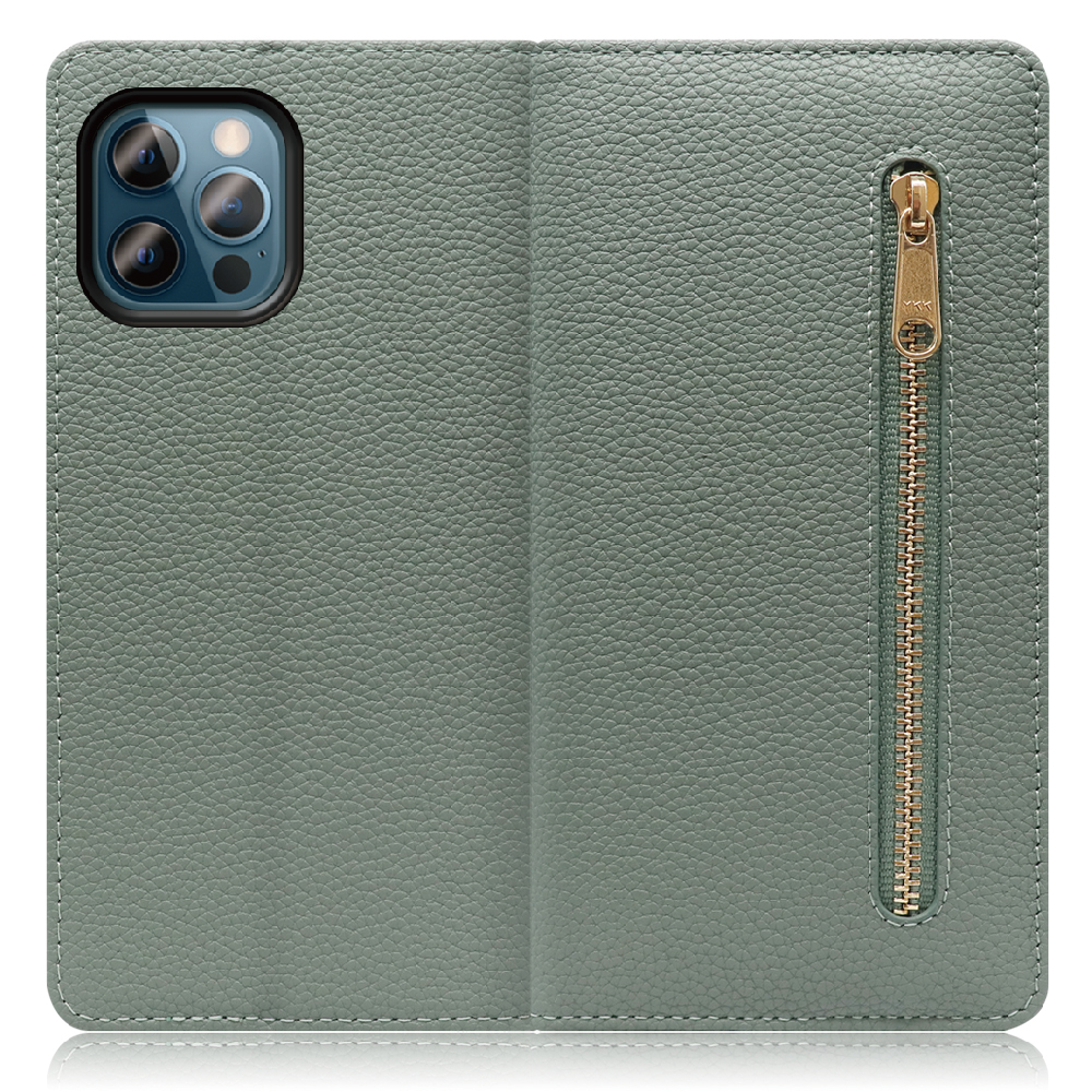 LOOF POCKET Series iPhone 12 / 12 Pro 用 [ダルグリーン] 厳選本革 カード収納付き ベルト無し ファスナー ポケット付き 手帳型ケース