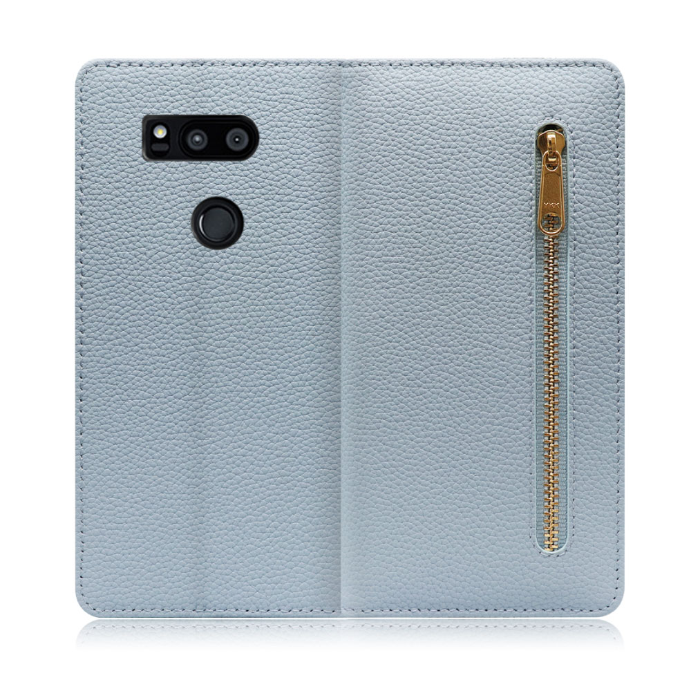 LOOF POCKET Series LG V30+ / LGV35 / L-01K 用 [スカイブルー] 厳選本革 カード収納付き ベルト無し ファスナー ポケット付き 手帳型ケース