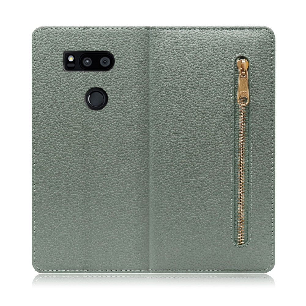 LOOF POCKET Series LG V30+ / LGV35 / L-01K 用 [ダルグリーン] 厳選本革 カード収納付き ベルト無し ファスナー ポケット付き 手帳型ケース