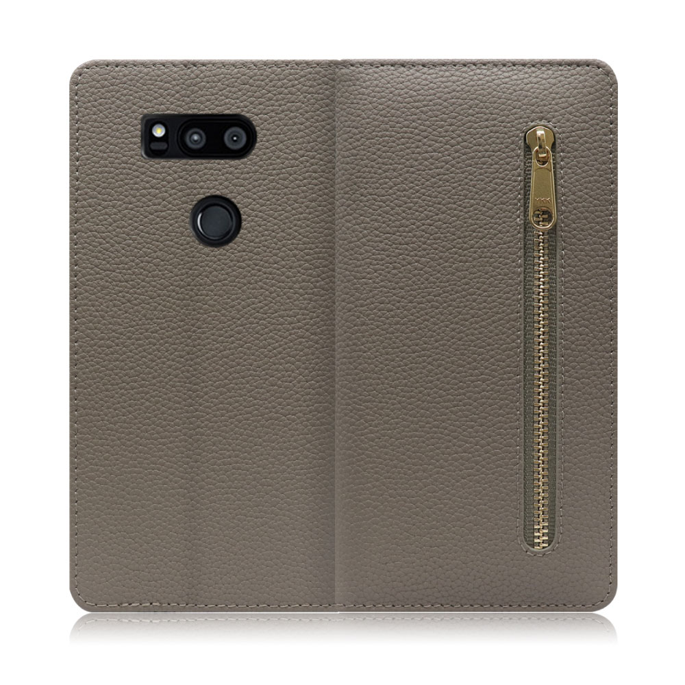 LOOF POCKET Series LG V30+ / LGV35 / L-01K 用 [グレージュ] 厳選本革 カード収納付き ベルト無し ファスナー ポケット付き 手帳型ケース