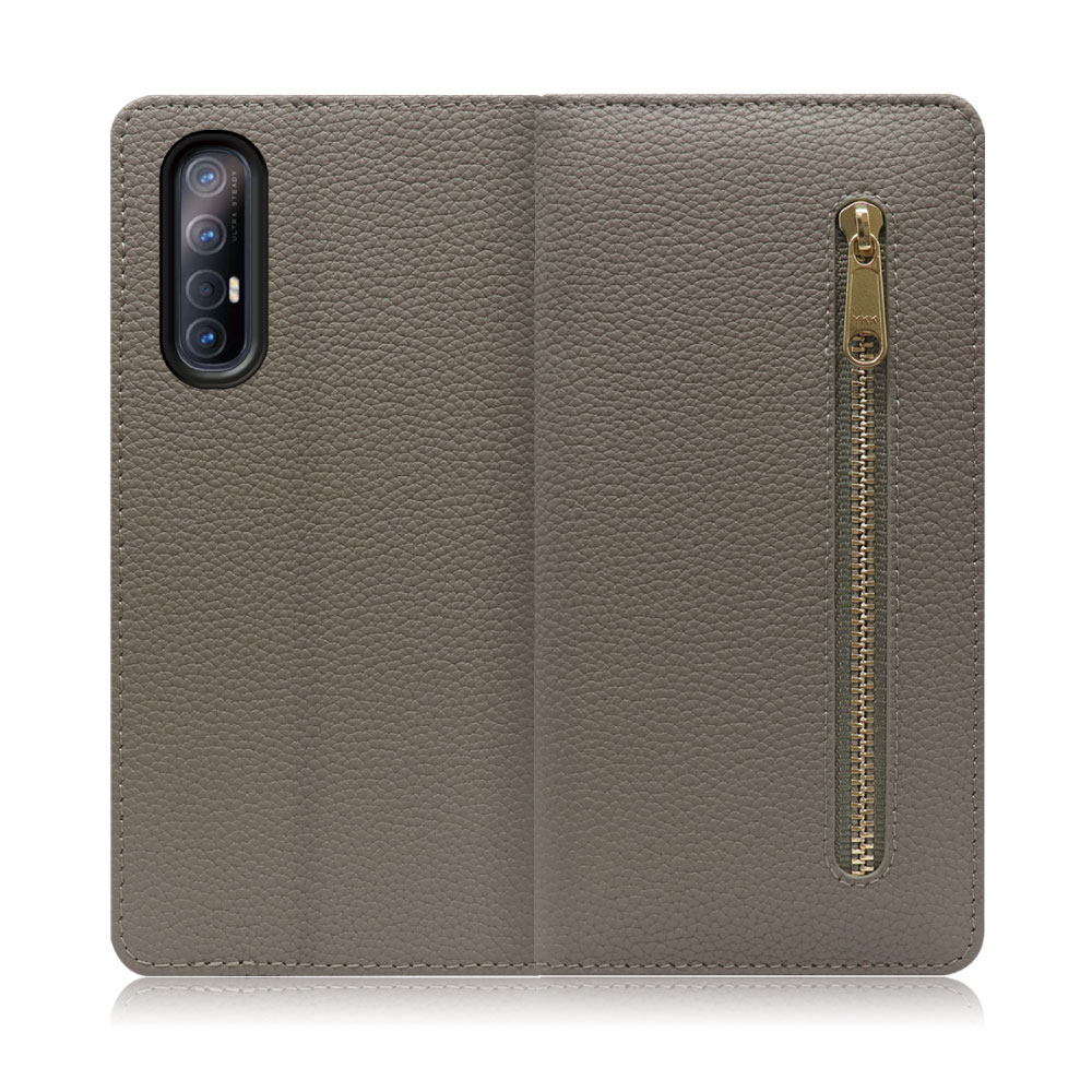 LOOF POCKET Series OPPO Reno3 5G 用 [グレージュ] 厳選本革 カード収納付き ベルト無し ファスナー ポケット付き 手帳型ケース