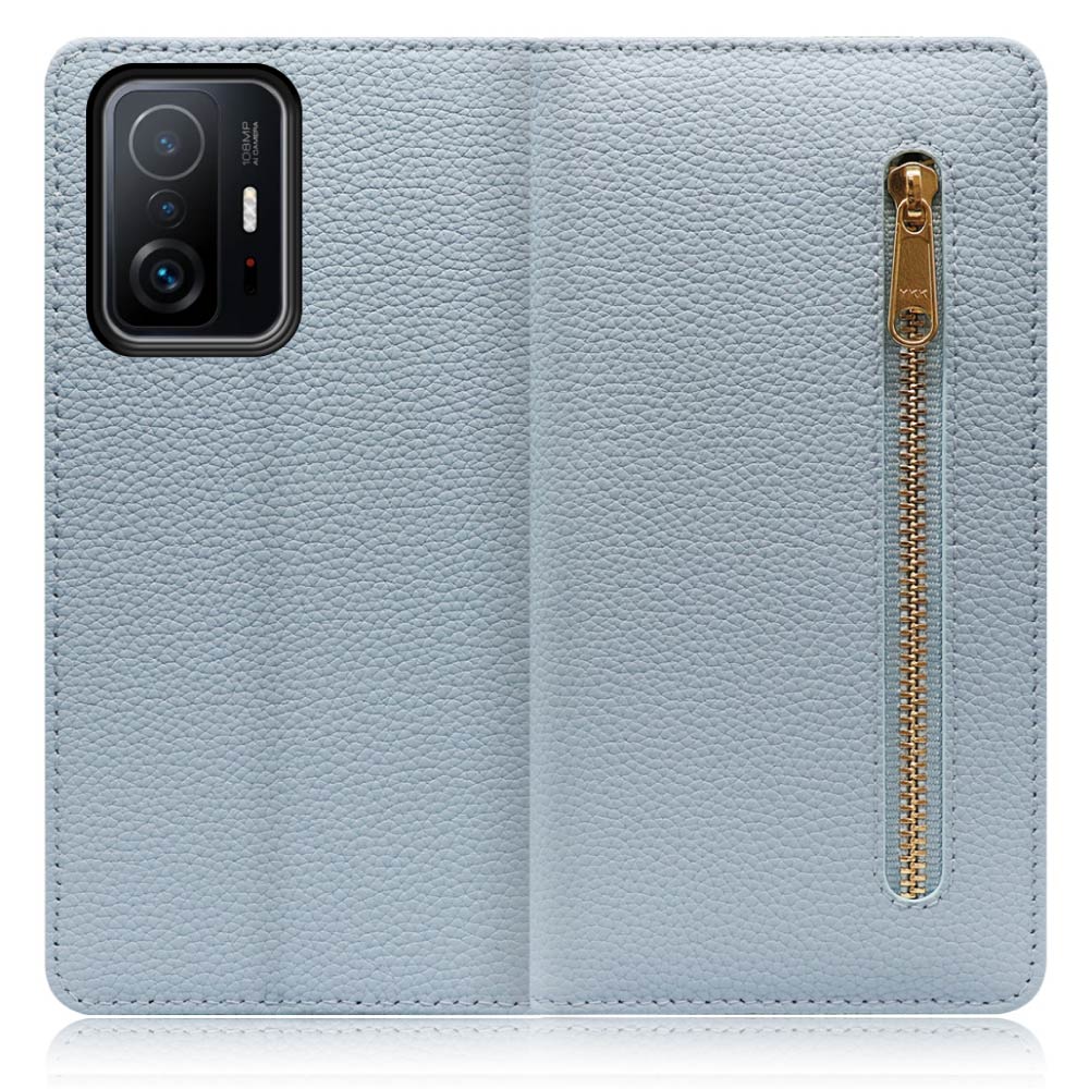 LOOF POCKET Series Xiaomi 11T / 11T Pro 用 [スカイブルー] 厳選本革 カード収納付き ベルト無し ファスナー ポケット付き 手帳型ケース