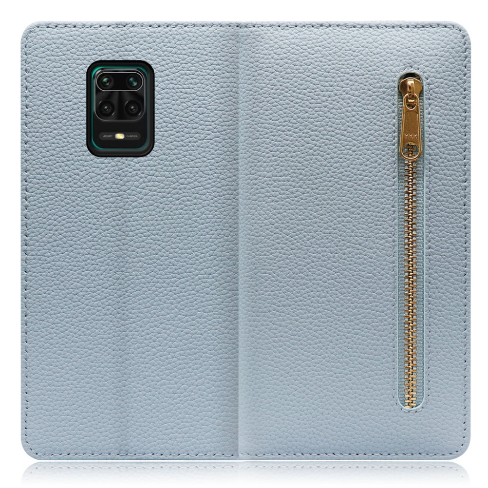 LOOF POCKET Series Xiaomi Redmi Note 9S 用 [スカイブルー] 厳選本革 カード収納付き ベルト無し ファスナー ポケット付き 手帳型ケース