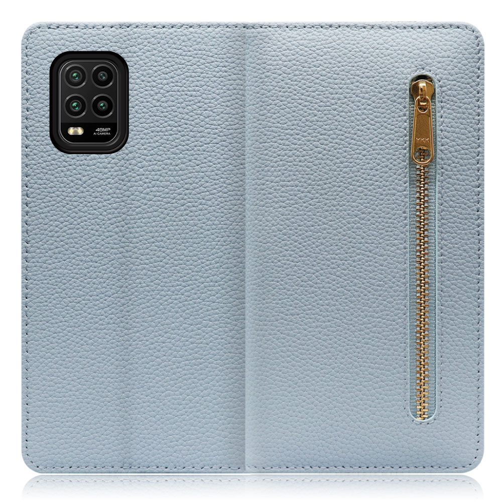 LOOF POCKET Series Xiaomi Mi 10 Lite 5G 用 [スカイブルー] 厳選本革 カード収納付き ベルト無し ファスナー ポケット付き 手帳型ケース