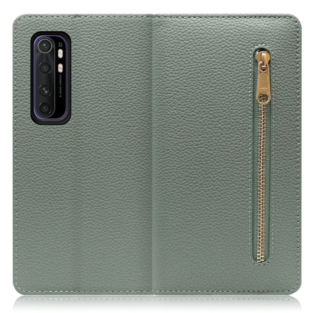 LOOF POCKET Series Xiaomi Mi Note 10 Lite 用 [ダルグリーン] 厳選本革 カード収納付き ベルト無し ファスナー ポケット付き 手帳型ケース