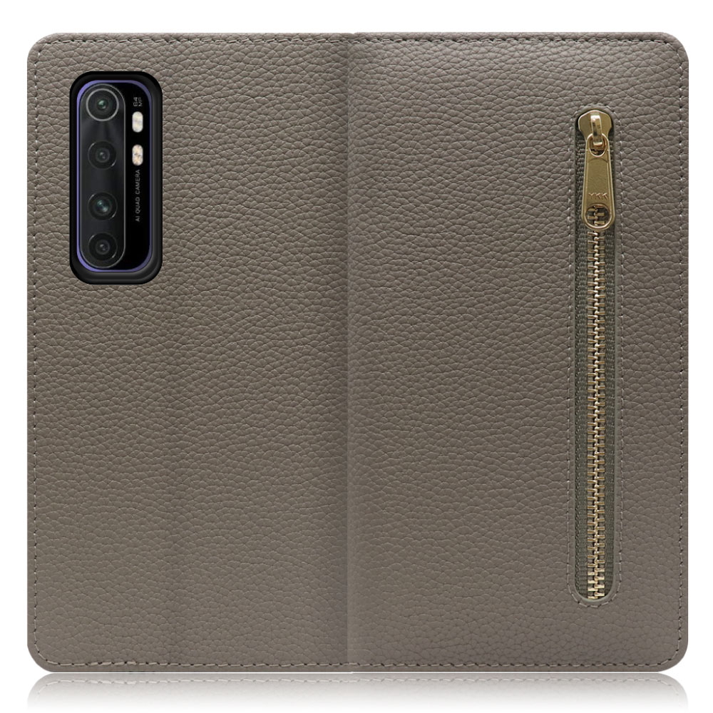 LOOF POCKET Series Xiaomi Mi Note 10 Lite 用 [グレージュ] 厳選本革 カード収納付き ベルト無し ファスナー ポケット付き 手帳型ケース