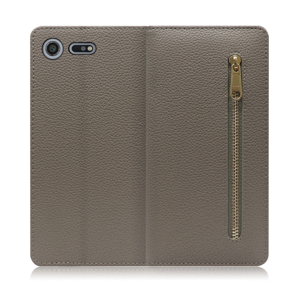 LOOF POCKET Series Xperia XZ Premium / SO-04J 用 [グレージュ] 厳選本革 カード収納付き ベルト無し ファスナー ポケット付き 手帳型ケース