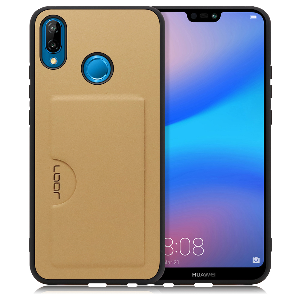 LOOF SKIN SLIM-SLOT HUAWEI P20 lite 用 [ゴールド] 薄い 軽量 背面 PUレザー カードポケット ケース カバー シンプル スマホケース スマホカバー