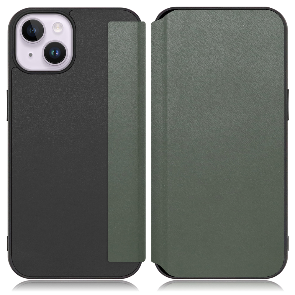 LOOF Slim-Fit Series iPhone 14 Plus 用 [エバーグリーン] 手帳型ケース 携帯ケース 背面 ケース カバー ハードケース 背面カバー ストラップホール ブランド 人気 マグネット無し 薄い 軽い カード収納 撥水加工 コンパクト シンプル レディース メンズ