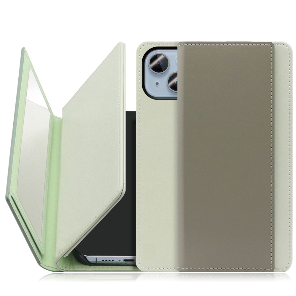 LOOF Mirror Series iPhone 14 Plus 用 [抹茶グリーン] カード収納 ベルトなし スタンド ミラー 鏡 パステルカラー 化粧直し 鏡付き カードホルダー スタンド