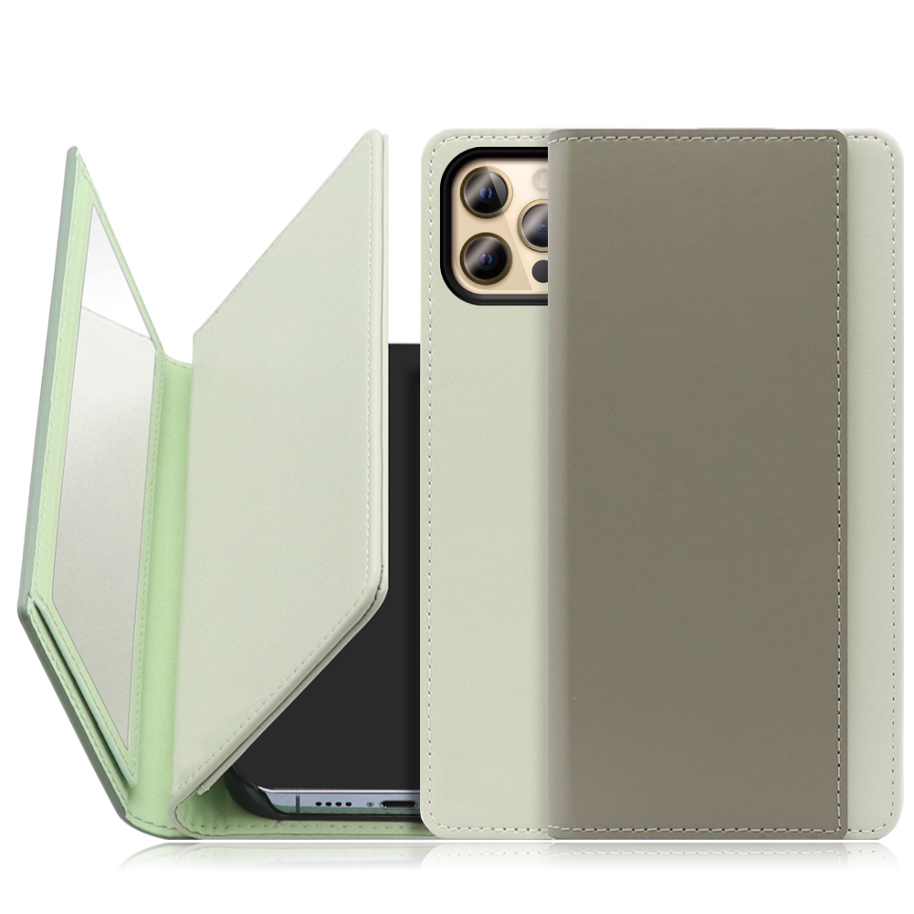 LOOF MIRROR Series iPhone 12 Pro Max 用 [抹茶グリーン] カード収納 ベルトなし スタンド ミラー 鏡 パステルカラー 化粧直し 鏡付き カードホルダー スタンド