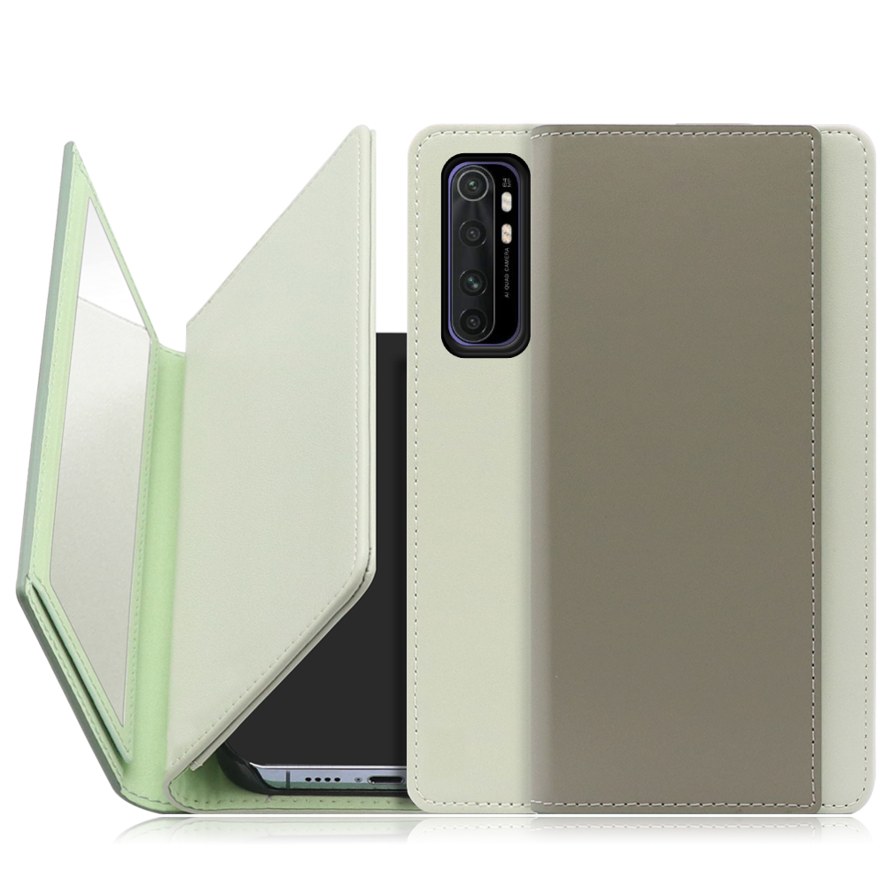 LOOF Mirror  Xiaomi Mi Note 10 Lite  [抹茶グリーン] カード収納 ベルトなし スタンド ミラー 鏡 パステルカラー 化粧直し 鏡付き カードホルダー スタンド
