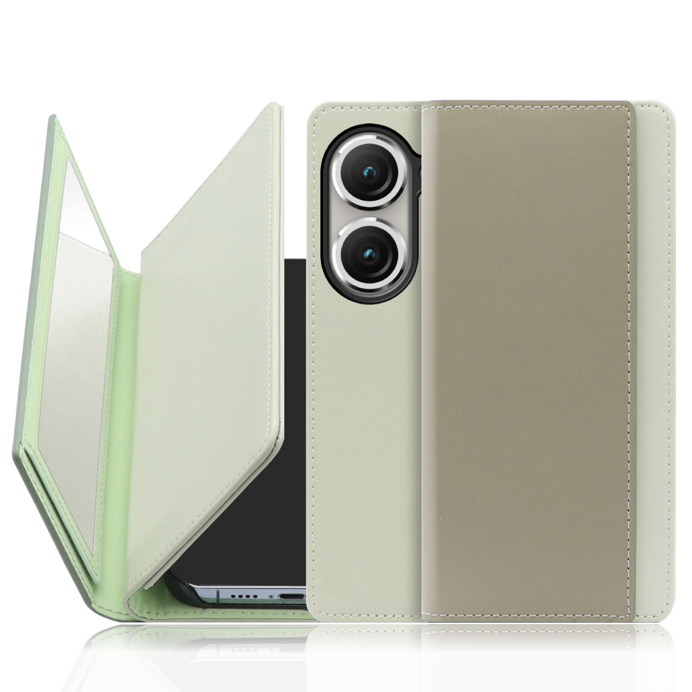 LOOF Mirror Series Zenfone 9 用 [抹茶グリーン] 手帳型ケース カード収納 ベルトなし スタンド ミラー 鏡 パステルカラー 化粧直し 鏡付き カードホルダー スタンド