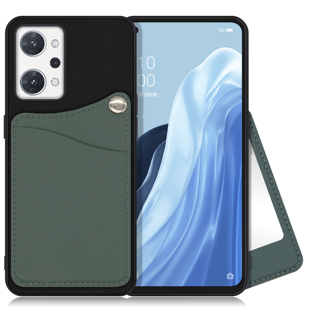 LOOF MODULE-MIRROR BICOLOR Series OPPO Reno7 A / Reno9 A OPG04 / CPH2523 用 [スレートグリーン] 背面 ケース スマホケース ハードケース 本革 ミラー 鏡 キャッシュレス FeliCa対応 スマート決済 かざすだけ