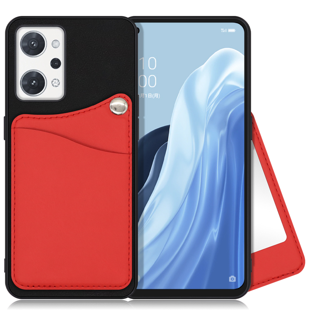 LOOF MODULE-MIRROR BICOLOR Series OPPO Reno7 A / Reno9 A OPG04 / CPH2523 用 [スカーレット] 背面 ケース スマホケース ハードケース 本革 ミラー 鏡 キャッシュレス FeliCa対応 スマート決済 かざすだけ