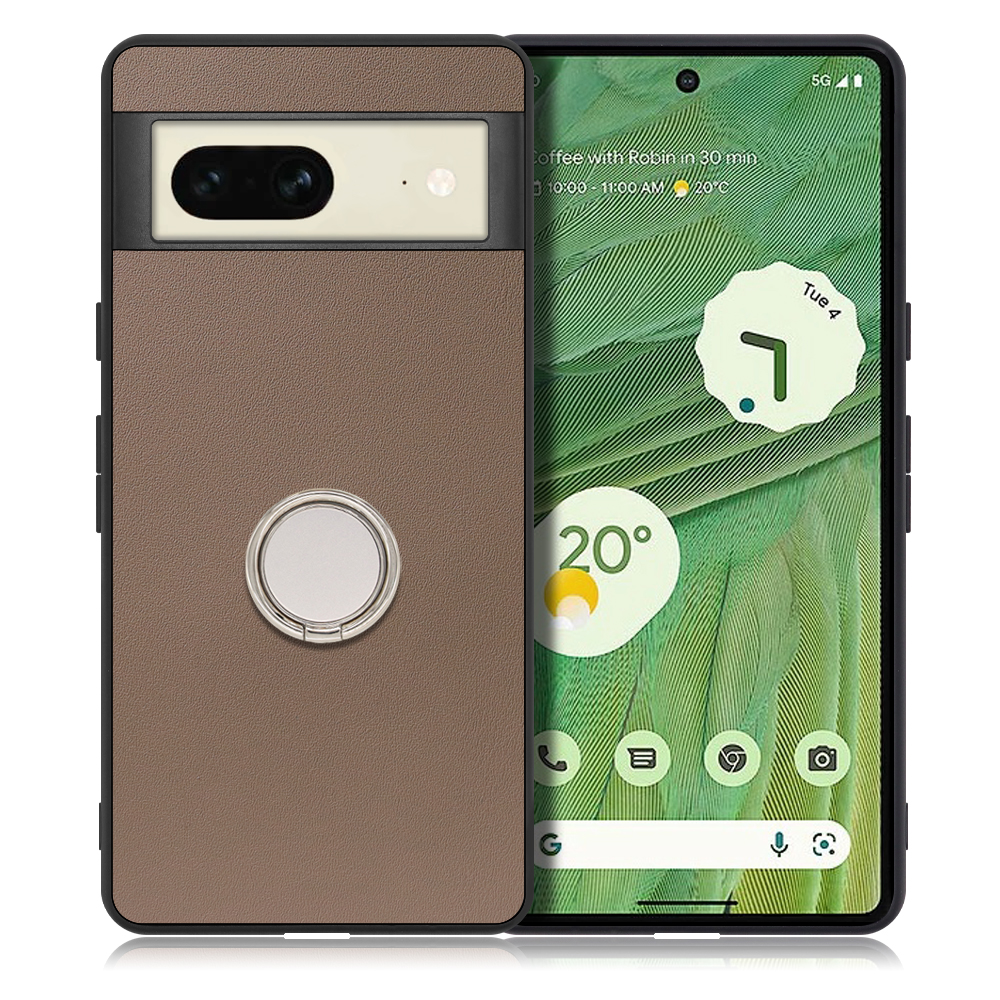LOOF RING-SHELL Series Google Pixel 7 用 [ラテブラウン] ケース 背面 ケース 背面 スマホケース ハードケース スマホリング リング付き リング 薄い 軽い 落下防止 スタンド 本革 かわいい