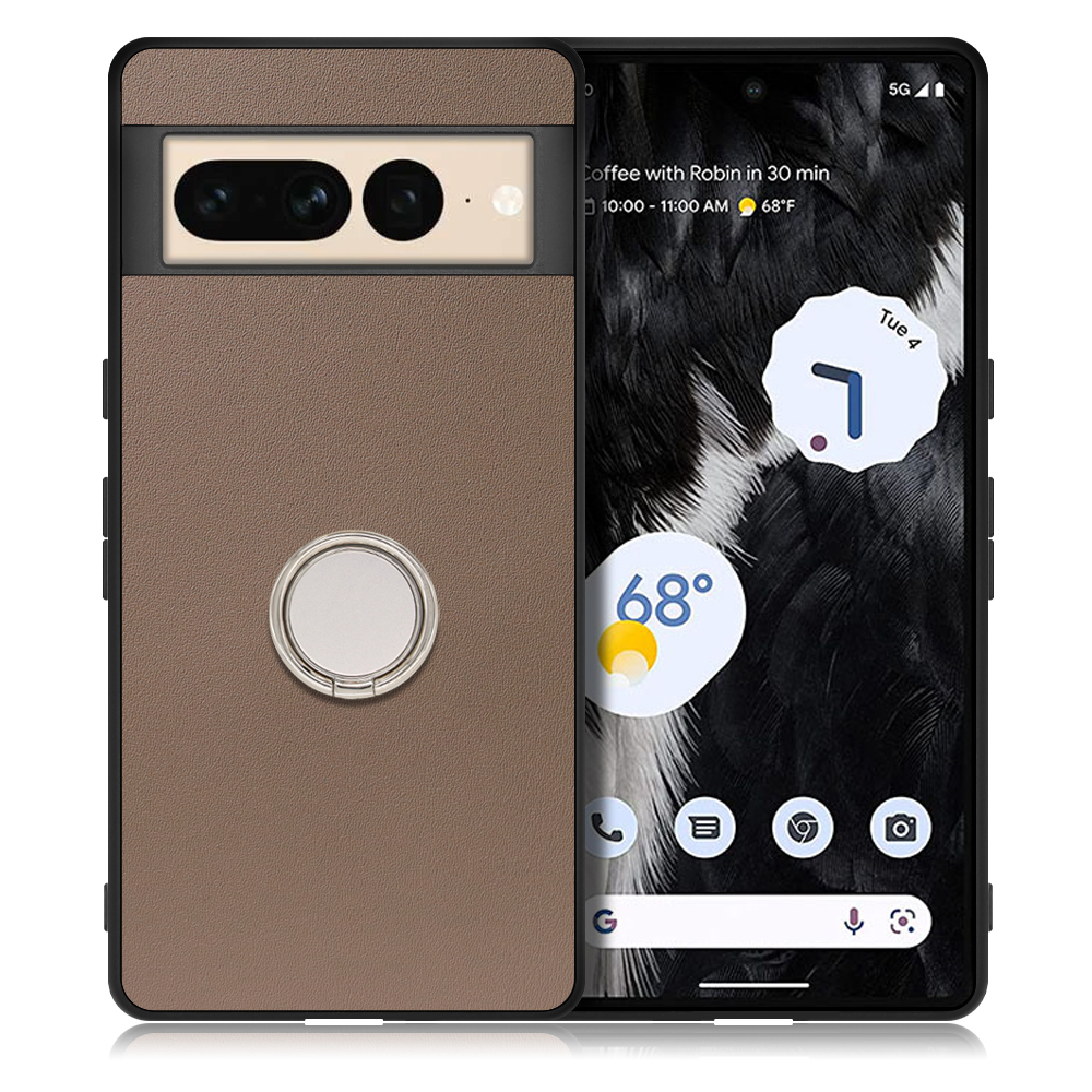 LOOF RING-SHELL Series Google Pixel 7 Pro 用 [ラテブラウン] ケース 背面 ケース 背面 スマホケース ハードケース スマホリング リング付き リング 薄い 軽い 落下防止 スタンド 本革 かわいい