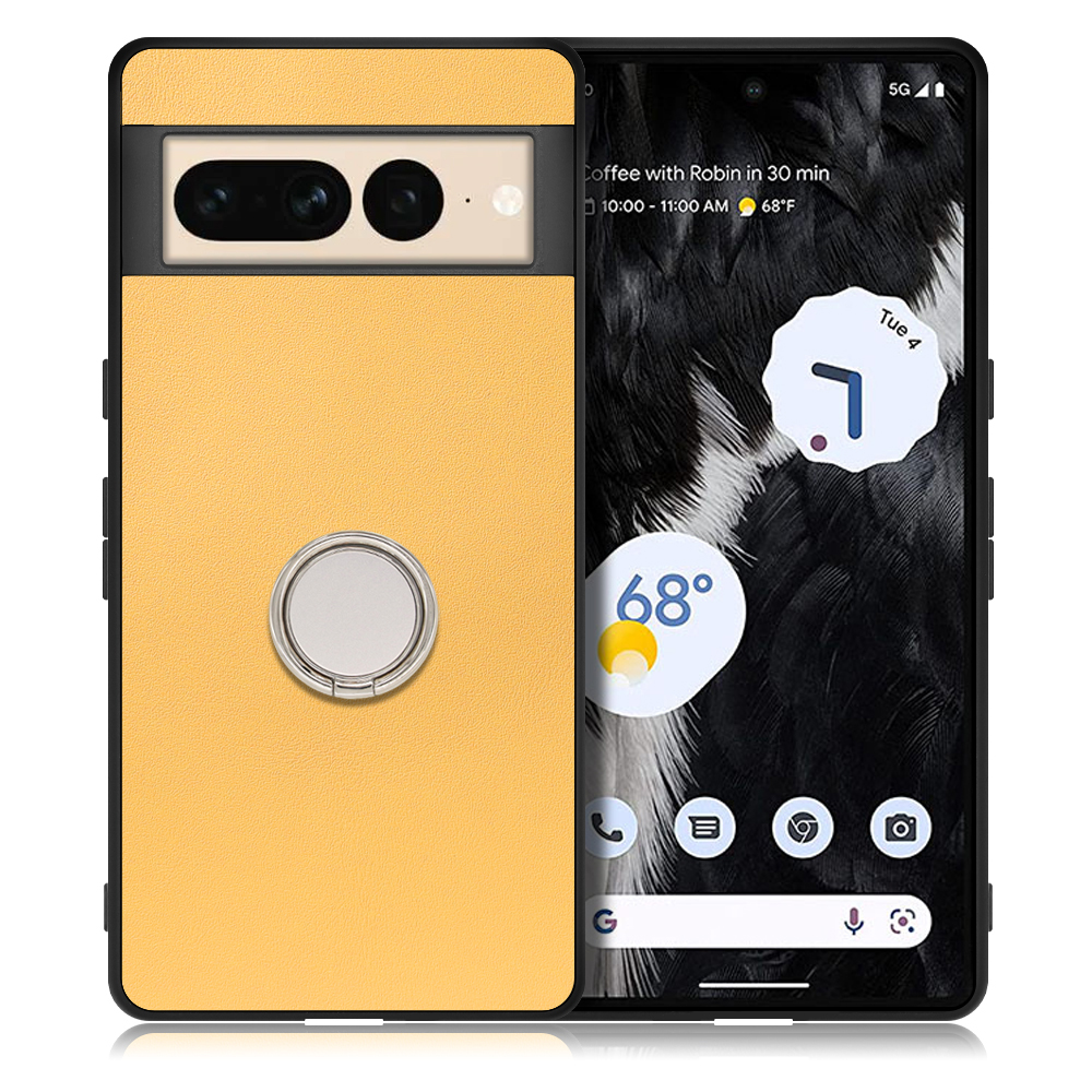 LOOF RING-SHELL Series Google Pixel 7 Pro 用 [イエローベージュ] ケース 背面 ケース 背面 スマホケース ハードケース スマホリング リング付き リング 薄い 軽い 落下防止 スタンド 本革 かわいい