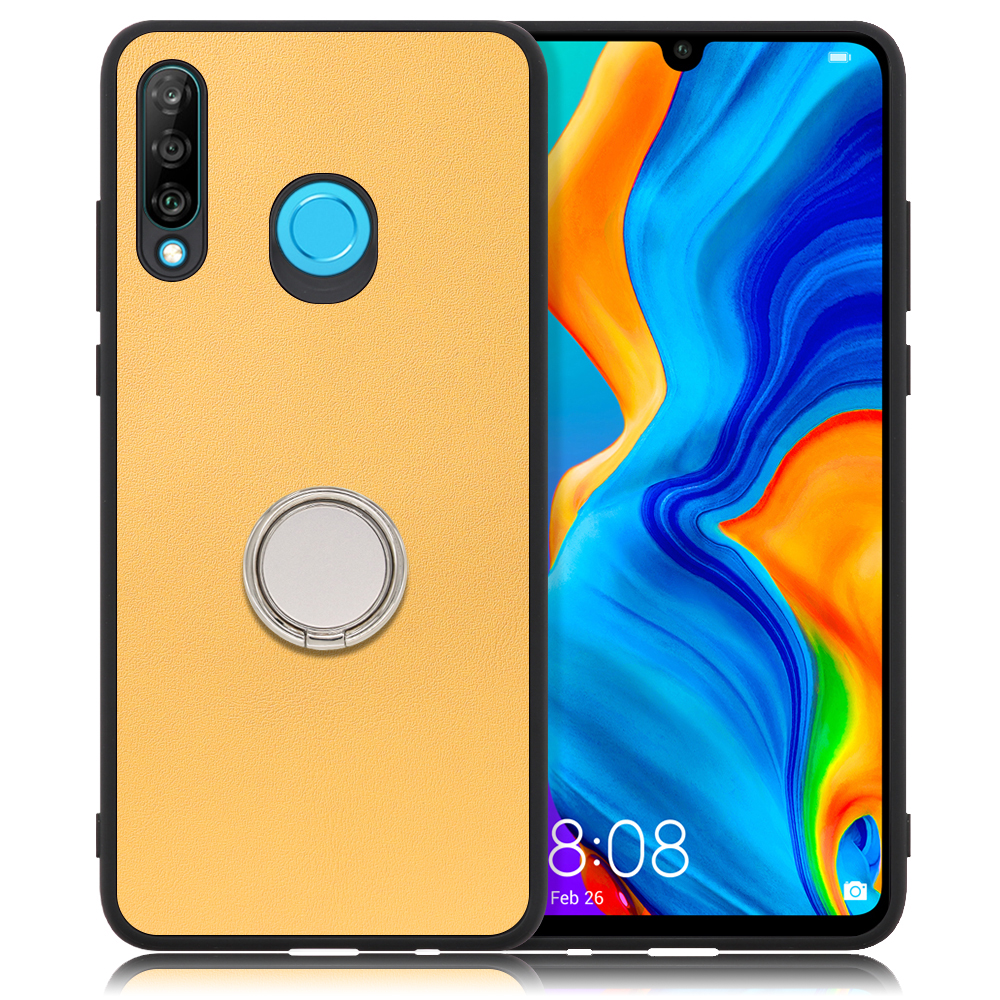 LooCo Official Shop LOOF RING-SHELL Series HUAWEI P30 lite lite Premium  用 [イエローベージュ] ケース 背面 スマホケース ハードケース スマホリング リング付き リング 薄い 軽い 落下防止 スタンド 本革 かわいい