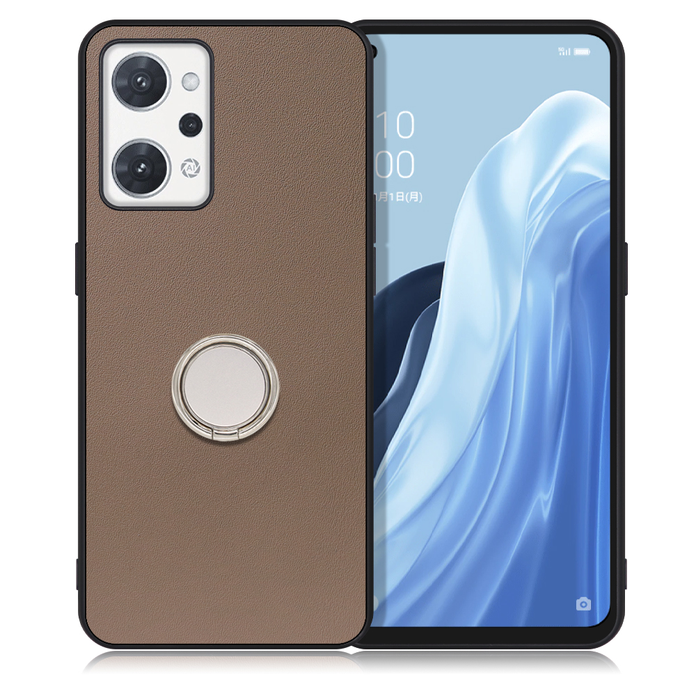 LOOF RING-SHELL Series OPPO Reno7 A OPG04 Reno7A 用 [ラテブラウン] ケース 背面 ケース 背面 スマホケース ハードケース スマホリング リング付き リング 薄い 軽い 落下防止 スタンド 本革 かわいい