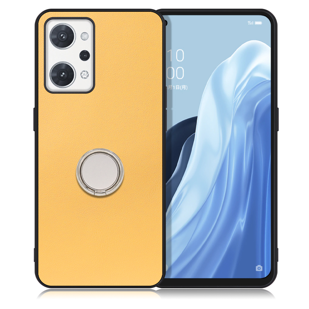 LOOF RING-SHELL Series OPPO Reno7 A OPG04 Reno7A 用 [イエローベージュ] ケース 背面 ケース 背面 スマホケース ハードケース スマホリング リング付き リング 薄い 軽い 落下防止 スタンド 本革 かわいい
