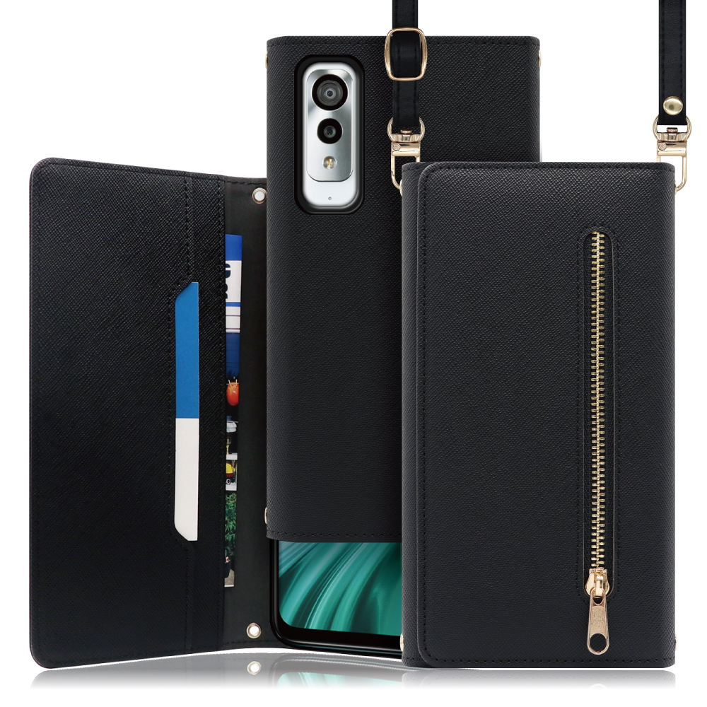 LooCo Official Shop LOOF SHOULDER Android One S8 用 [ブラック] スマホショルダー ケース カバー  手帳型ケース ストラップ カード収納 ショルダー 首掛け 肩掛け スマホケース ネックストラップ レディース メンズ ブランド 人気