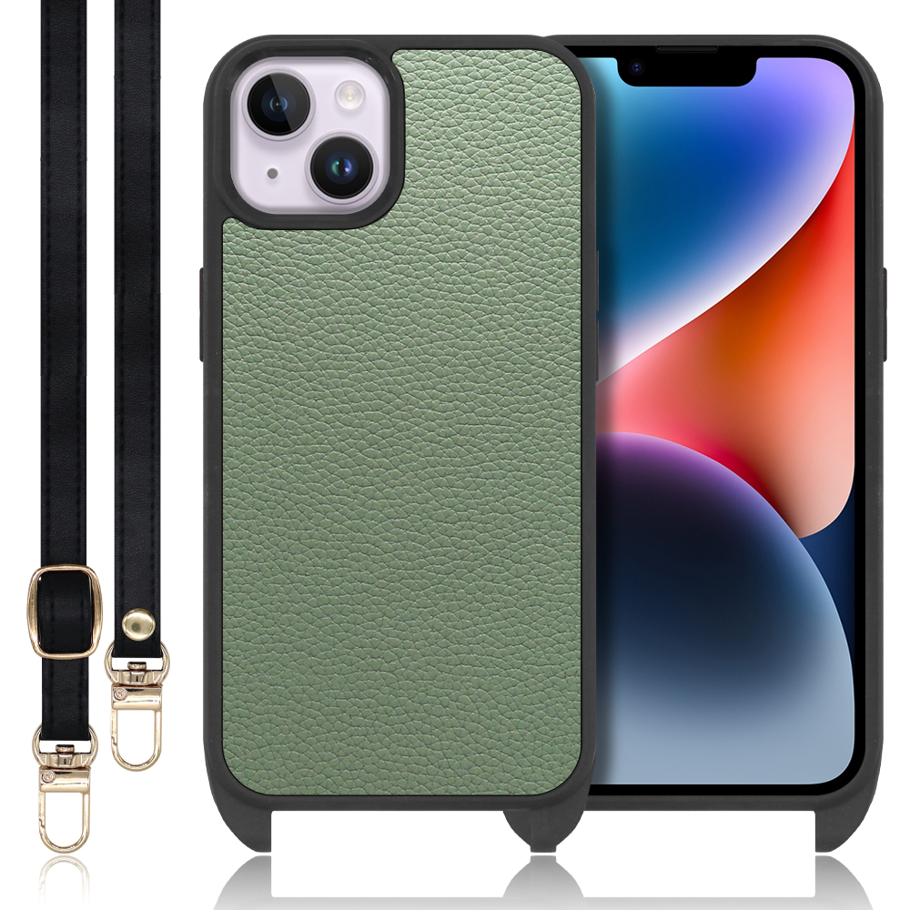 LOOF LEATHER-STRAP Series iPhone 14 Plus iPhone14 アイフォン 14 プラス 用 [ダルグリーン] スマホショルダー ケース カバー 背面 ストラップ ショルダー 軽い アウトドア ブランド 人気 レディース メンズ 首掛け 肩掛け ネックストラップ 本革