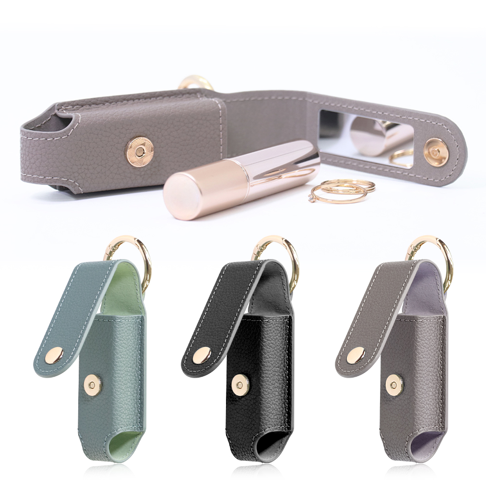 [大人かわいい]LOOF リップケース 本革 口紅 カラビナ付き フック付き ミラー 鏡付き マグネットボタン 磁石 口紅ケース 香水 アトマイザー 除菌 ミニサイズ コンパクト リップ収納 1本収納 ブラック グレージュ ダルグリーン ケース ギフト レザー 持ち歩き メイク直し