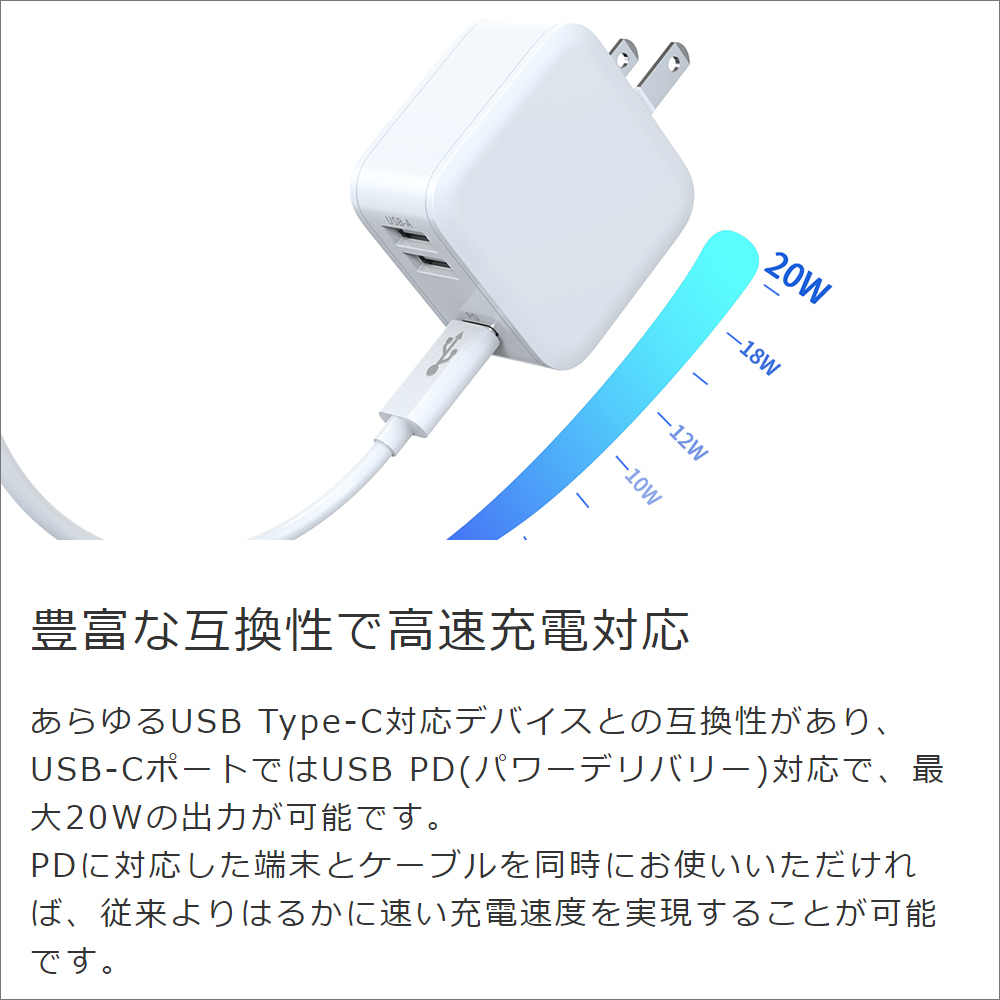 LOOF PD対応 20W ACアダプター 3ポート USB Type-A ×2 USB Type-C ×1 20W出力 100V～240V 海外対応 グローバル 海外  スマホ スマートフォン iPhone アンドロイド モバイル タブレット ゲーム機 折り畳み