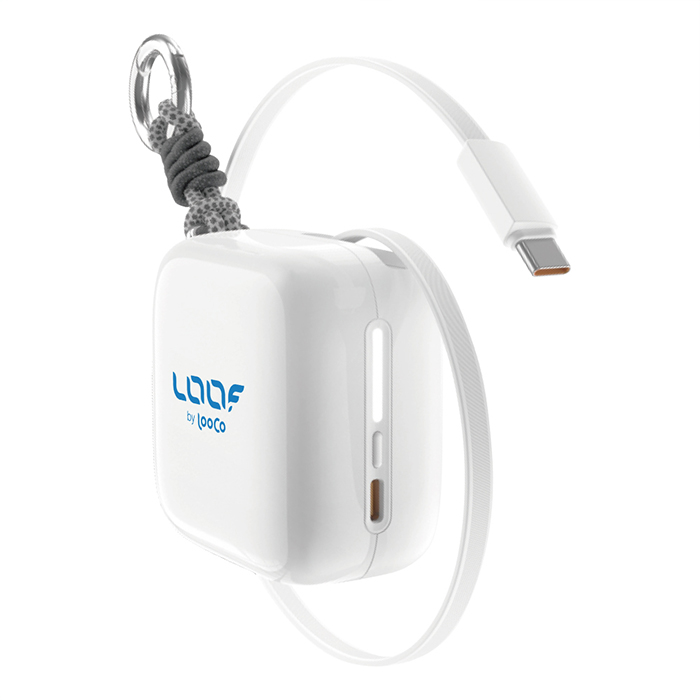 LOOF モバイルバッテリー 巻き取り式 リール 伸縮ケーブル 70cm 10000ｍAh 大容量 40W PD対応 急速充電 ケーブル内蔵 充電 スマホ充電器 モバイルバッテリー Type-C タイプC Android iPhone 2台同時充電 ストラップ 持ち運び カラビナ 小型 マグネット