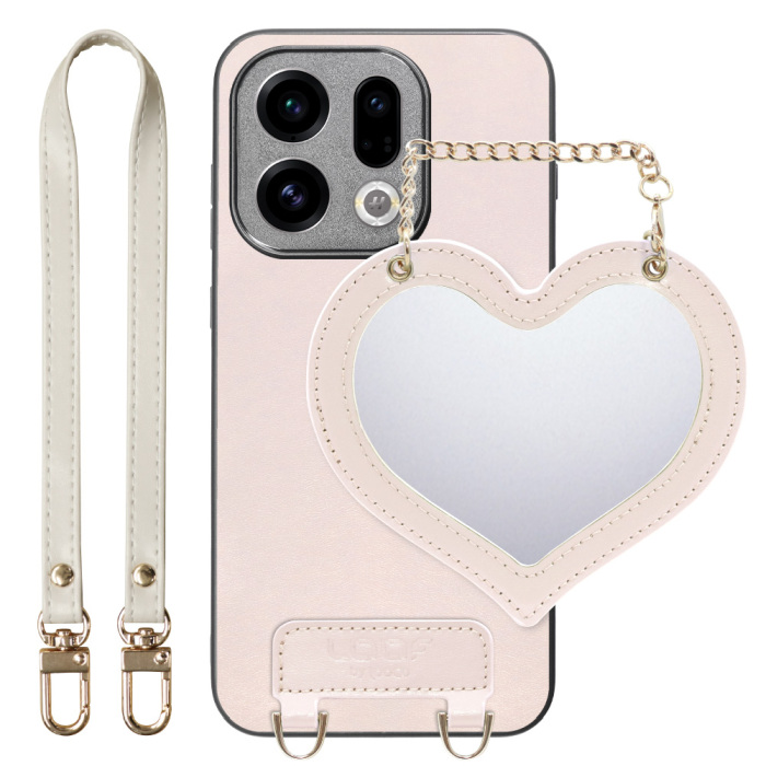 [ LOOF CHARM-SHELL Series ] OPPO Find X9 OPG07 CPH2797 スマホケース  ハートのミラーチャーム付き シンプル 背面カバー スマホケース ストラップ付 本革 [ OPPO Find X9 ]