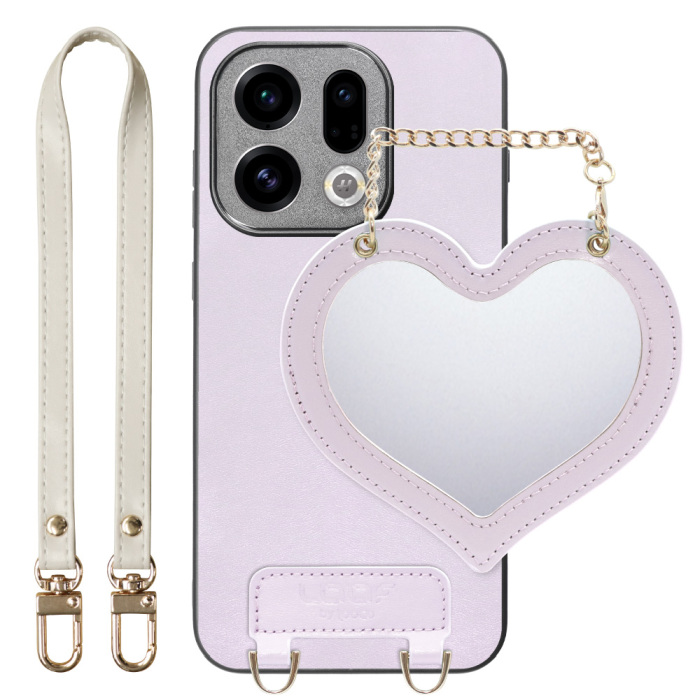 [ LOOF CHARM-SHELL Series ] OPPO Find X9 OPG07 CPH2797 スマホケース  ハートのミラーチャーム付き シンプル 背面カバー スマホケース ストラップ付 本革 [ OPPO Find X9 ]