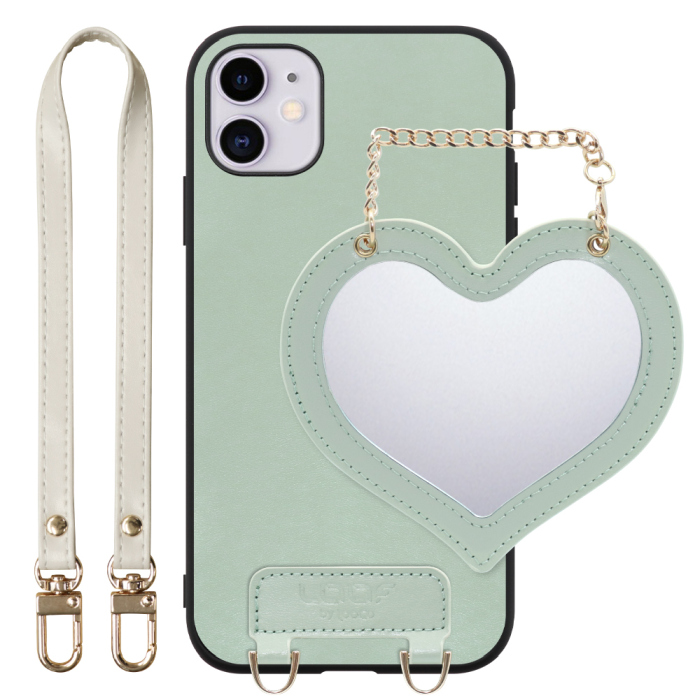 [ LOOF CHARM-SHELL Series ] iPhone 11 iPhone11 スマホケース  ハートのミラーチャーム付き シンプル 背面カバー スマホケース ストラップ付 本革 [ iPhone 11 ]