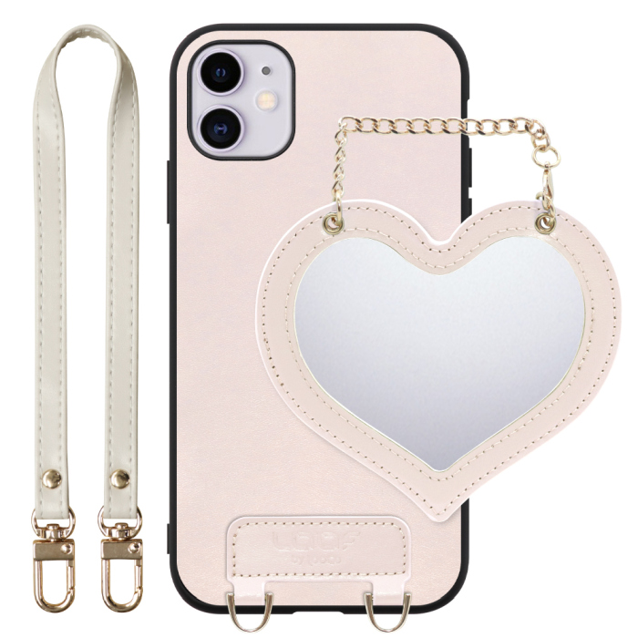 [ LOOF CHARM-SHELL Series ] iPhone 11 iPhone11 スマホケース  ハートのミラーチャーム付き シンプル 背面カバー スマホケース ストラップ付 本革 [ iPhone 11 ]