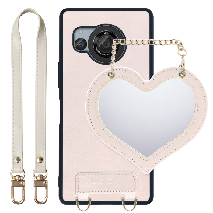 [ LOOF CHARM-SHELL Series ] AQUOS R8 SH-52D AQUOSR8 スマホケース  ハートのミラーチャーム付き シンプル 背面カバー スマホケース ストラップ付 本革 [ AQUOS R8 ]