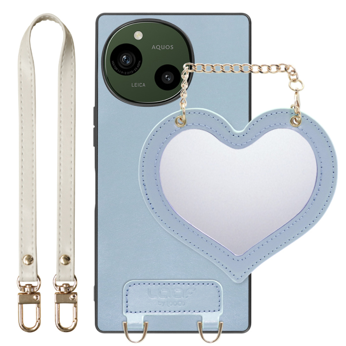 [ LOOF CHARM-SHELL Series ] AQUOS R9 / R10 SH-51E SH-51F スマホケース  ハートのミラーチャーム付き シンプル 背面カバー スマホケース ストラップ付 本革 [ AQUOS R9 / R10 ]