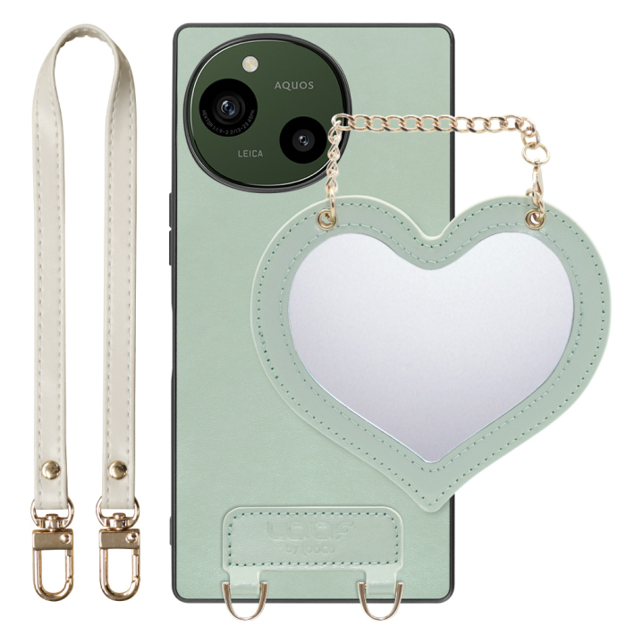 [ LOOF CHARM-SHELL Series ] AQUOS R9 / R10 SH-51E SH-51F スマホケース  ハートのミラーチャーム付き シンプル 背面カバー スマホケース ストラップ付 本革 [ AQUOS R9 / R10 ]