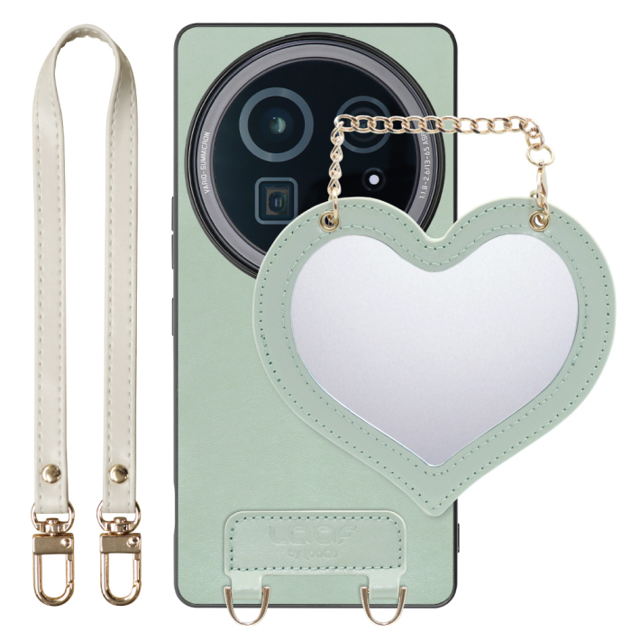 [ LOOF CHARM-SHELL Series ] AQUOS R9 pro SH-54E スマホケース  ハートのミラーチャーム付き シンプル 背面カバー スマホケース ストラップ付 本革 [ AQUOS R9 pro ]