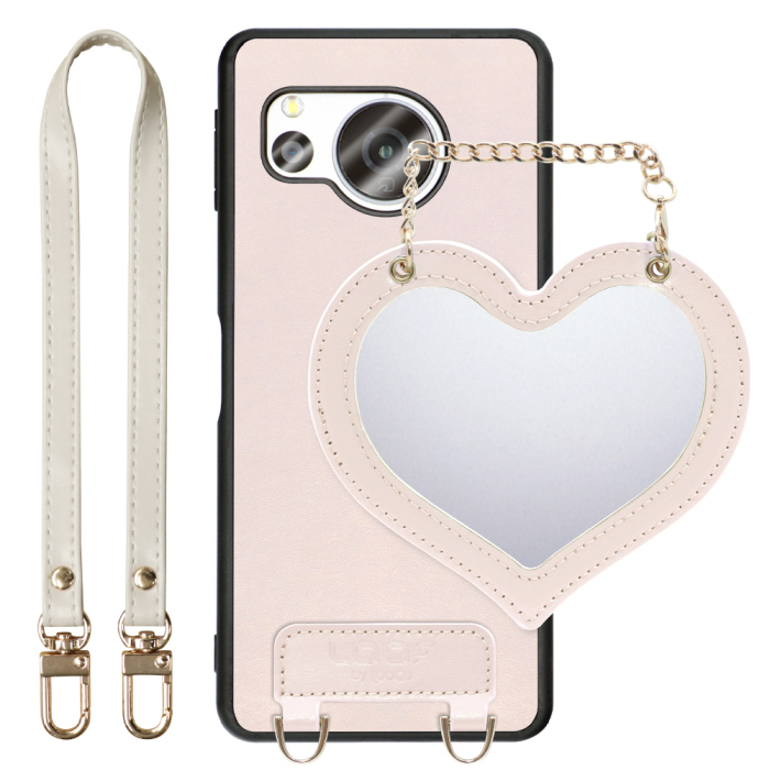 [ LOOF CHARM-SHELL Series ] AQUOS sense8 SH-54D / SHG11 sense 8 スマホケース  ハートのミラーチャーム付き シンプル 背面カバー スマホケース ストラップ付 本革 [ AQUOS sense8 ]