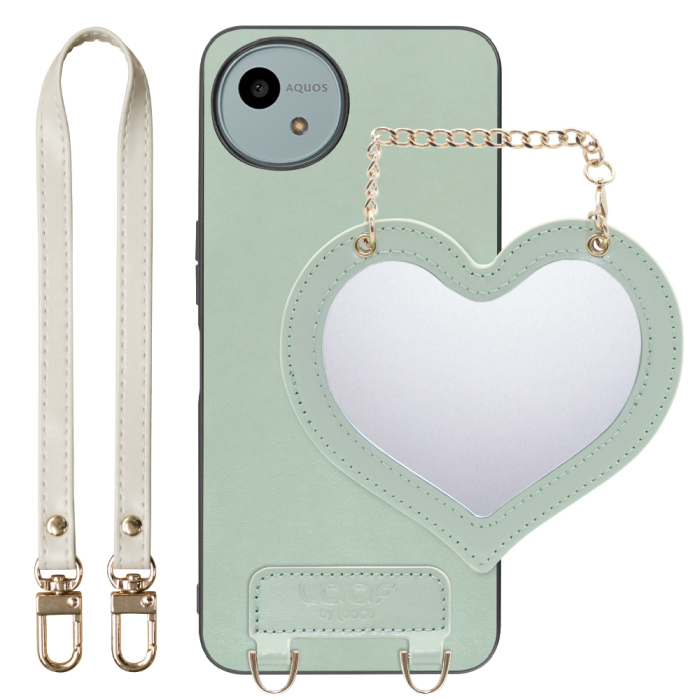 [ LOOF CHARM-SHELL Series ] AQUOS wish4 SH-52E スマホケース  ハートのミラーチャーム付き シンプル 背面カバー スマホケース ストラップ付 本革 [ AQUOS wish4 ]