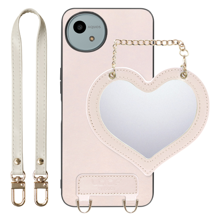 [ LOOF CHARM-SHELL Series ] AQUOS wish4 SH-52E スマホケース  ハートのミラーチャーム付き シンプル 背面カバー スマホケース ストラップ付 本革 [ AQUOS wish4 ]