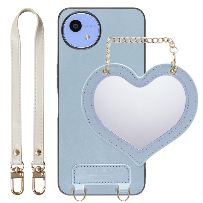 [ LOOF CHARM-SHELL Series ] AQUOS wish5 アクオス SH-52F スマホケース  ハートのミラーチャーム付き シンプル 背面カバー スマホケース ストラップ付 本革 [ AQUOS wish5 ]