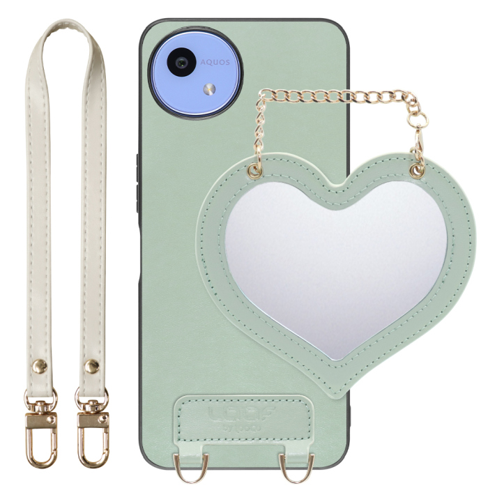 [ LOOF CHARM-SHELL Series ] AQUOS wish5 アクオス SH-52F スマホケース  ハートのミラーチャーム付き シンプル 背面カバー スマホケース ストラップ付 本革 [ AQUOS wish5 ]