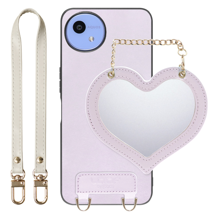 [ LOOF CHARM-SHELL Series ] AQUOS wish5 アクオス SH-52F スマホケース  ハートのミラーチャーム付き シンプル 背面カバー スマホケース ストラップ付 本革 [ AQUOS wish5 ]