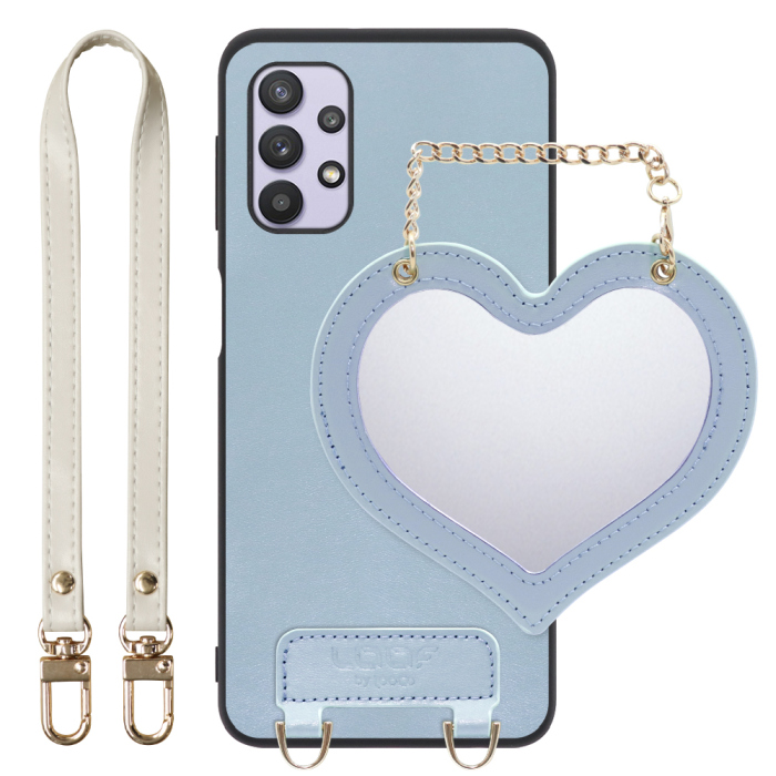 [ LOOF CHARM-SHELL Series ] Galaxy A32 5G SCG08 a325g スマホケース  ハートのミラーチャーム付き シンプル 背面カバー スマホケース ストラップ付 本革 [ Galaxy A32 5G ]