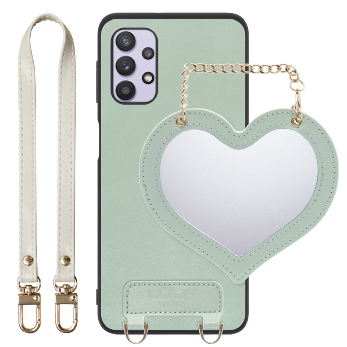 [ LOOF CHARM-SHELL Series ] Galaxy A32 5G SCG08 a325g スマホケース  ハートのミラーチャーム付き シンプル 背面カバー スマホケース ストラップ付 本革 [ Galaxy A32 5G ]
