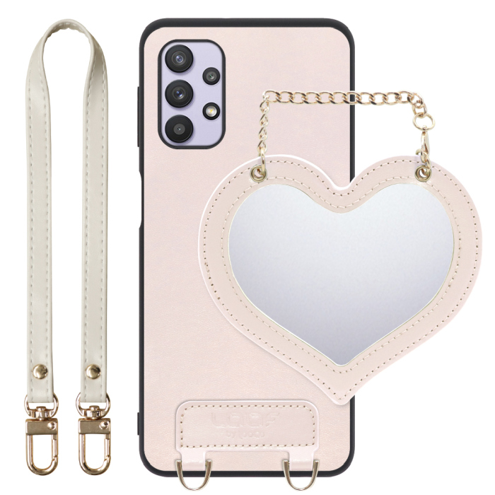 [ LOOF CHARM-SHELL Series ] Galaxy A32 5G SCG08 a325g スマホケース  ハートのミラーチャーム付き シンプル 背面カバー スマホケース ストラップ付 本革 [ Galaxy A32 5G ]
